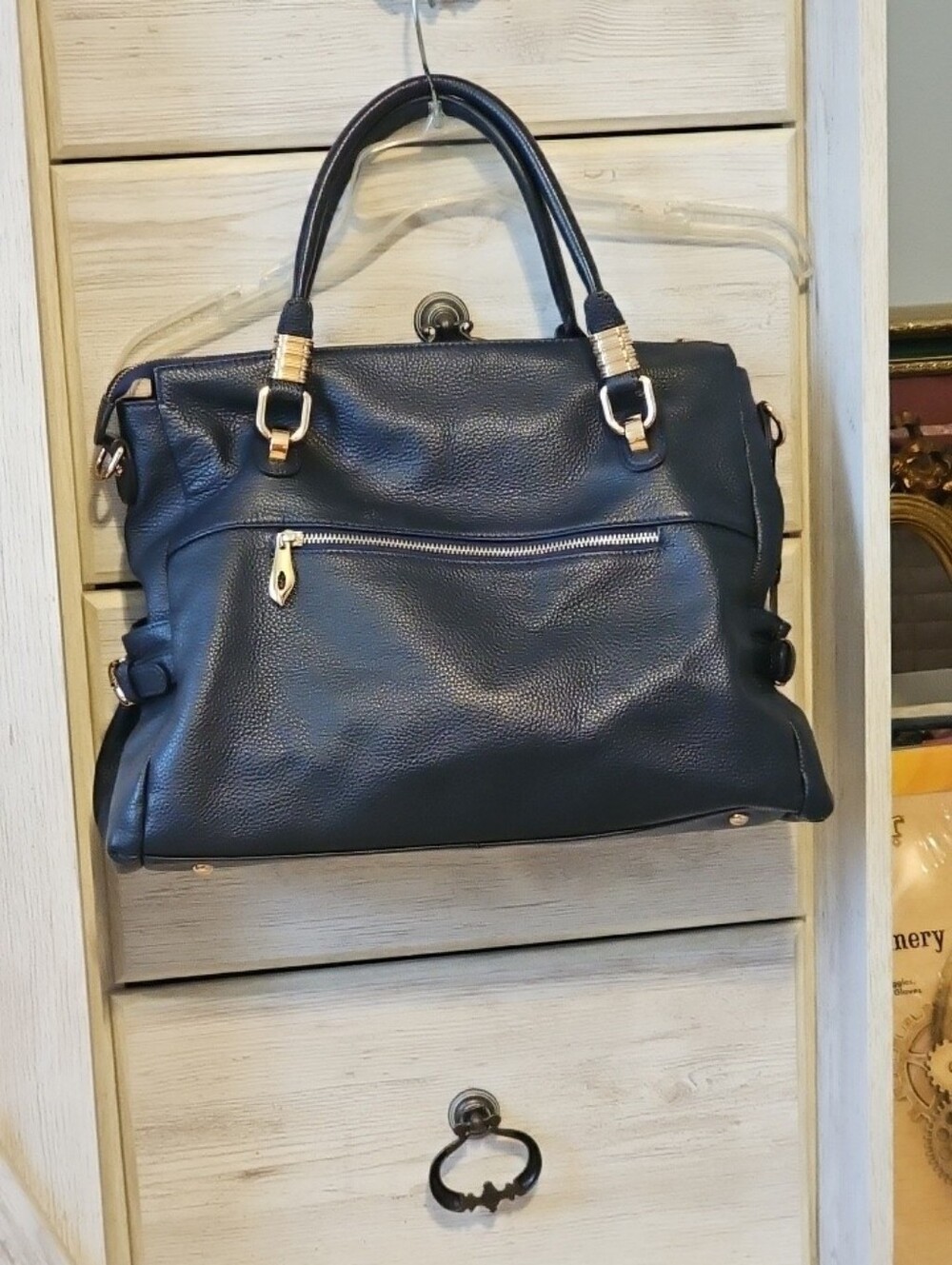 Kattee Navy Pebbled Faux Leather Satchel Handbag with Gold Hardware